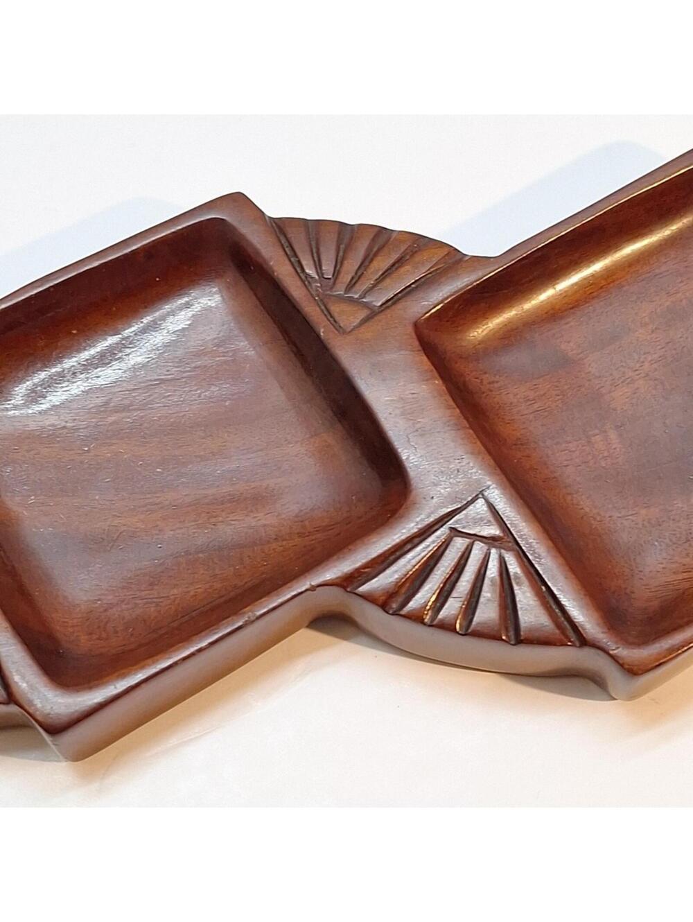 Solid Mahogany Carved 3 Compartment Serving Tray Made in Hayti Port-au-Prince - Picture 5 of 9